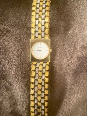 Gold-Tone Square Dial Bracelet Watch with Two-Tone Link Band